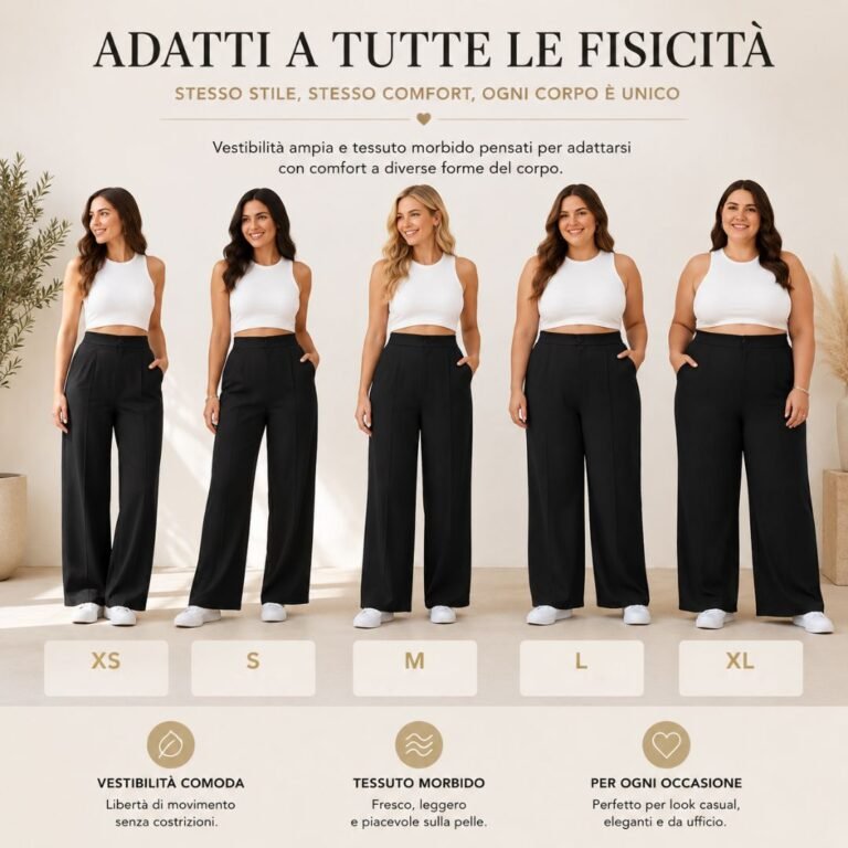 Pantaloni a gamba larga indossati da donne con diverse fisicità