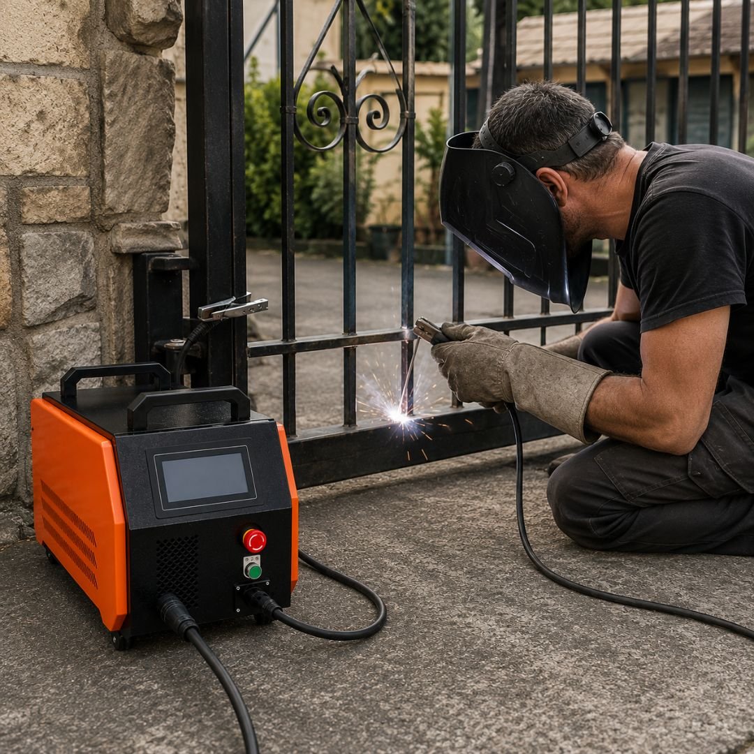 Saldatrice inverter utilizzata per riparare un cancello in ferro