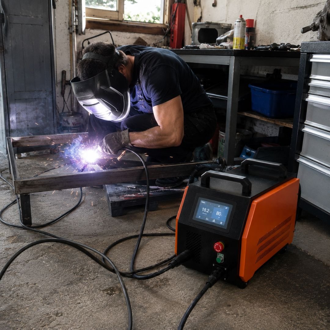 Saldatrice inverter utilizzata durante un lavoro in garage
