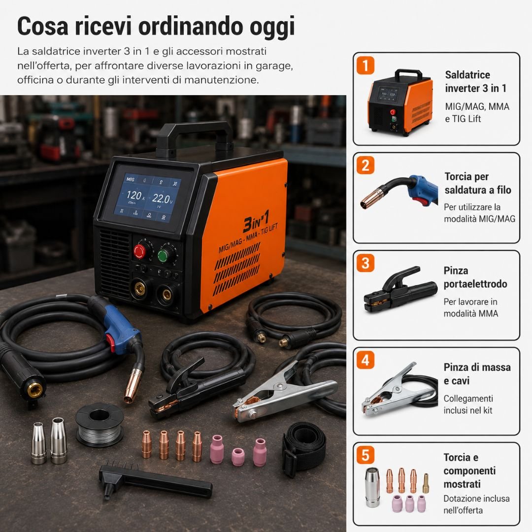 Saldatrice inverter MIG MAG MMA TIG Lift completa di accessori