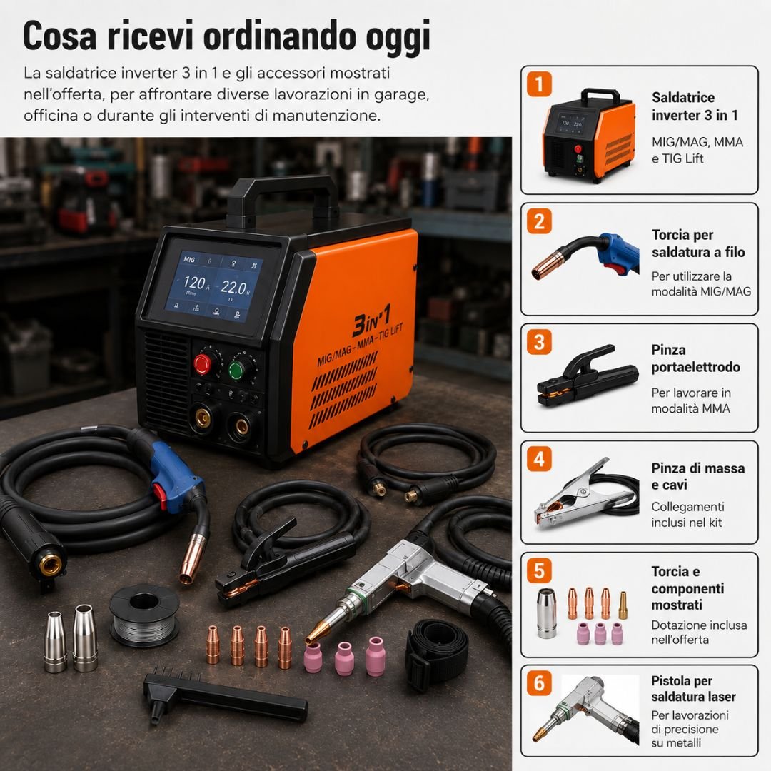 Saldatrice inverter MIG MAG MMA TIG Lift con accessori inclusi