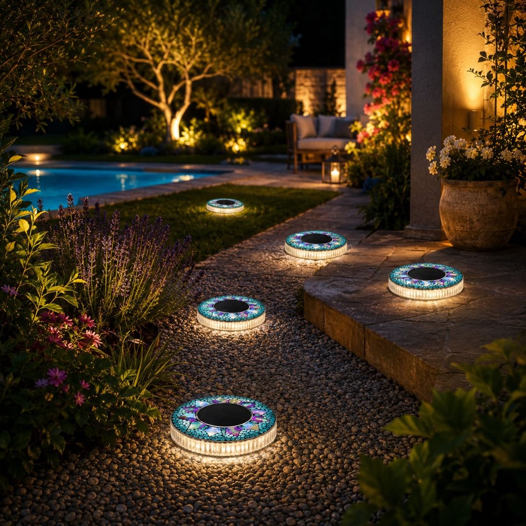 LumiMosaic posizionati lungo un vialetto da giardino
