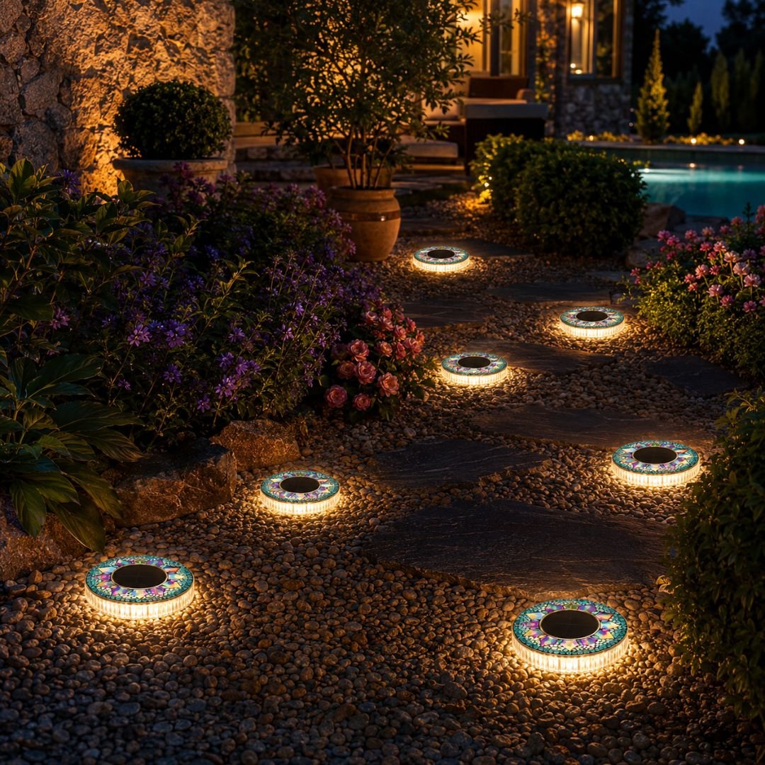 Giardino elegante illuminato con i dischi solari LumiMosaic