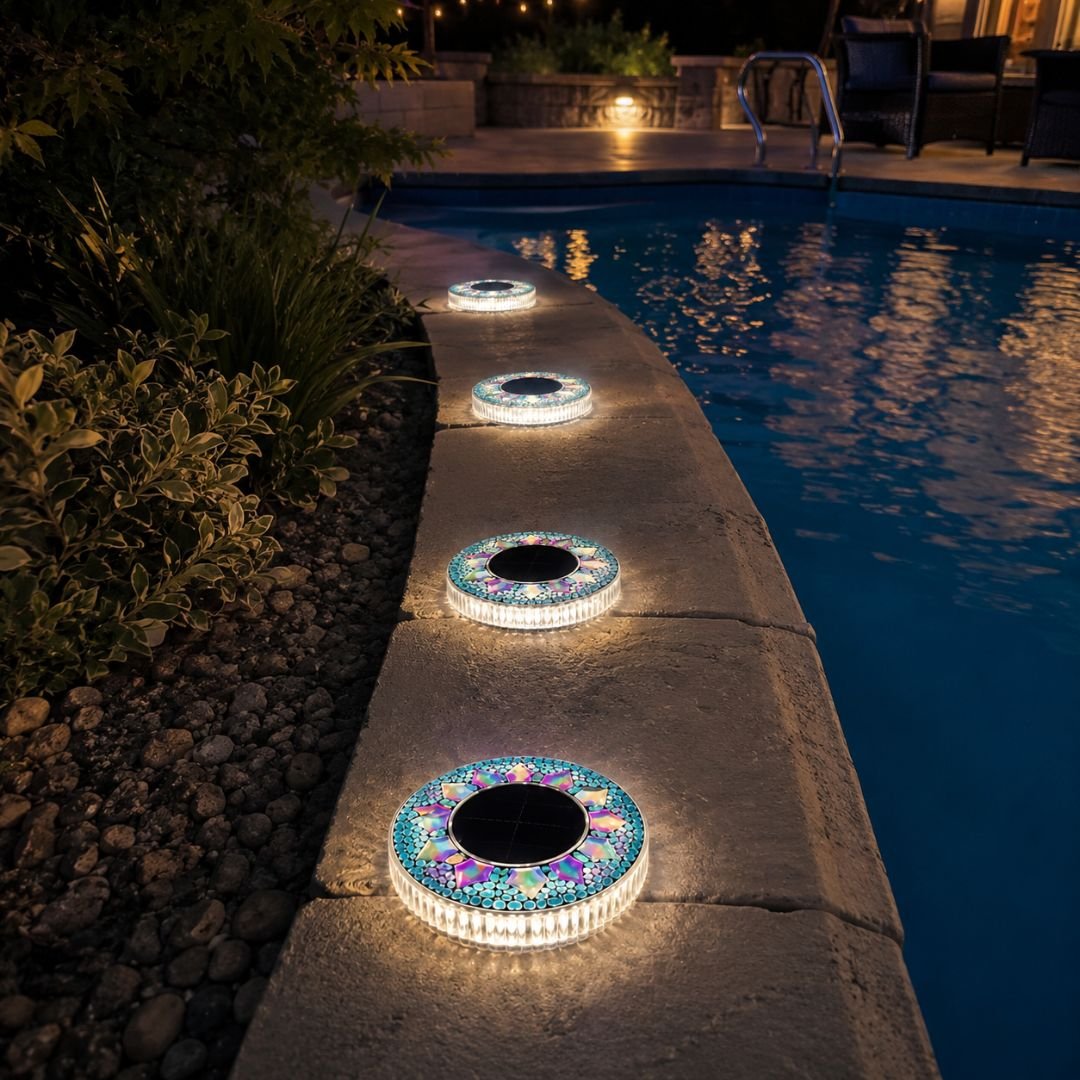 Foto reale dei dischi solari vicino a una piscina