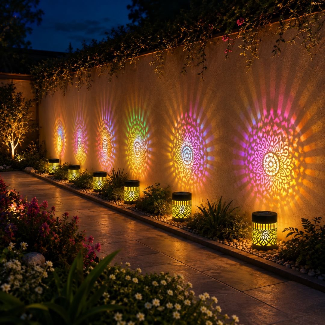 Efekt dekorativních solárních světel LumiAura na zahradě
