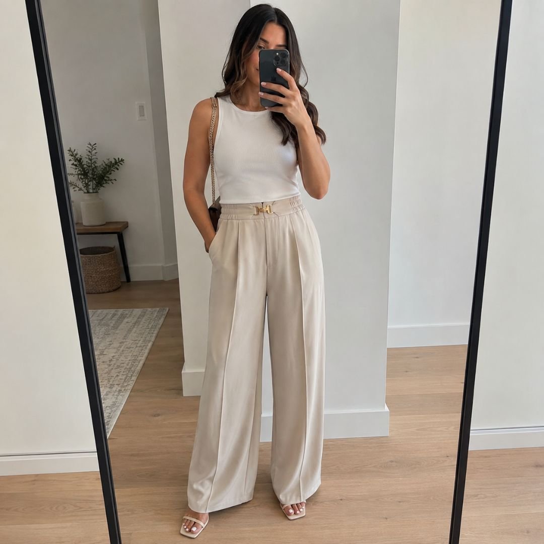 Pantaloni a gamba larga indossati in un outfit elegante